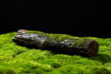 Obraz premium A moss-covered log resting on a vibrant green moss bed against a dark background