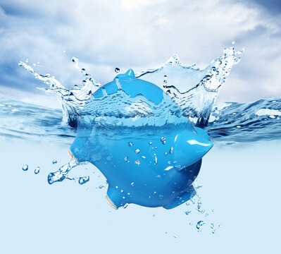 Save water concept. Piggy bank drowning in water