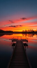Fototapeta premium Sunset over calm lake with pier