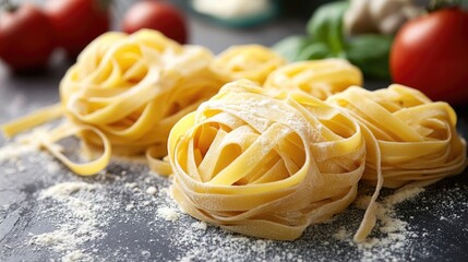 Three Raw Tagliatelle Pasta, Pasta Ingredients and Italian Cuisine.