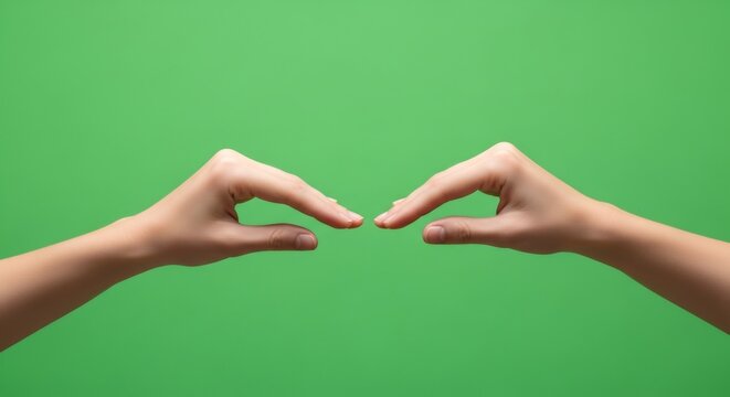 Woman delicate hands forming a frame gesture on green screen with shallow depth of field. Gesturing hand for chroma key.