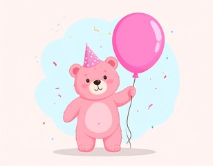 Cute pink teddy bear with party hat and balloon