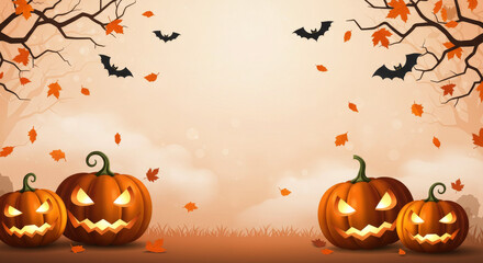 Halloween banner with glowing jack-o'-lanterns, flying bats, and autumn leaves in a spooky forest at sunset
