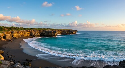 Coastal landscape with cliffs turquoise water and sandy beach at sunset
