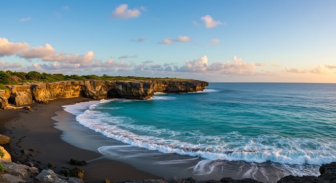 Coastal landscape with cliffs turquoise water and sandy beach at sunset