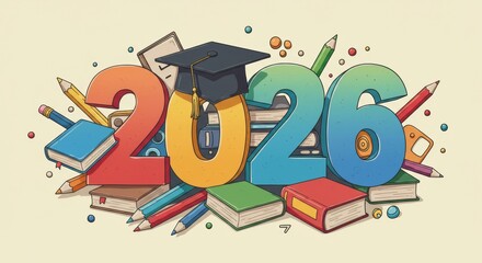 Year 2026 academic concept with colorful numbers, graduation cap, books, and school supplies illustration
