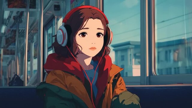 Anime girl with headphones enjoys the journey while sitting on a train during the late afternoon, gazing thoughtfully out the window at passing scenery