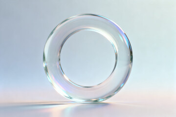 Transparent glass ring on a light surface with soft lighting and reflections