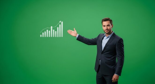 Caucasian man showing financial growth chart on green screen. Businessman presenting rising trend arrow on statistics for business investment. - Powered by Adobe