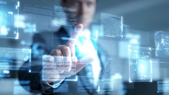 Modern business professional interacting with digital data interfaces in a sleek office environment during a workday