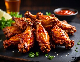 Crispy, glazed chicken wings piled high on a dark stone platter (1)