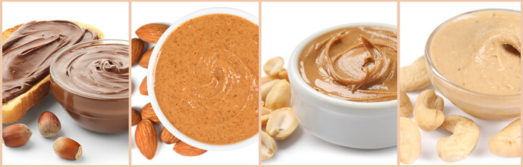 Smooth and velvety food texture. Different nut spreads, collage