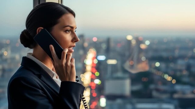 Businesswoman on phone cityscape view office window highrise evening