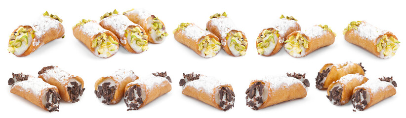 Delicious cannoli with ricotta cheese isolated on white, set