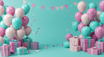 Vibrant birthday or baby shower background with pink and teal balloons, confetti, gifts, and copy space