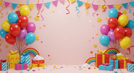 Vibrant birthday party background with balloons, colorful gifts, rainbow elements, bunting, and copy space