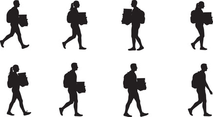 Silhouette students walking with books, academic backpack figures, education burden concept, school life illustration, black vector icons for learning themes