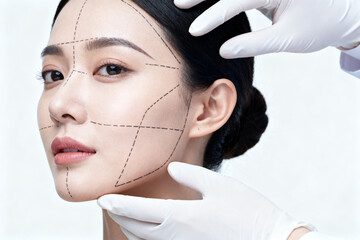 Close-up of a person's face with marked facial lines and gloved hands indicating cosmetic procedure planning