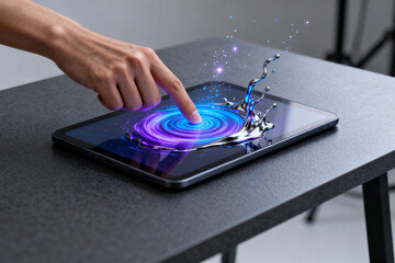 Hand interacting with a tablet displaying a dynamic water ripple effect on its screen