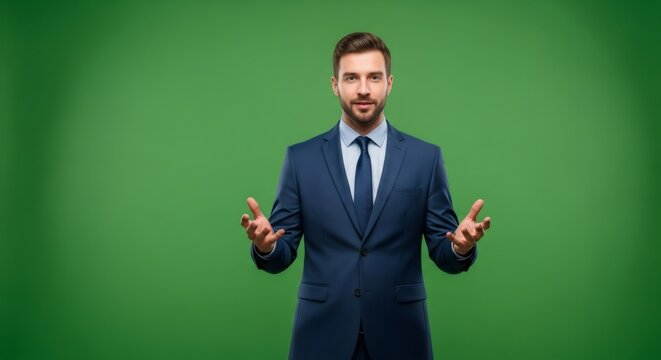 Caucasian man in business suit presenting with open hands. Businessman gesturing with arms out on green screen background for chromakey.