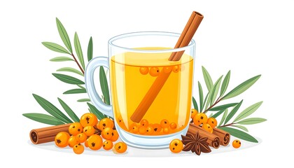 A glass mug of sea buckthorn tea with cinnamon stick, star anise, and leaves