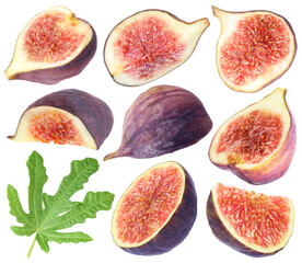 Fresh ripe figs and green leaf isolated on white, set