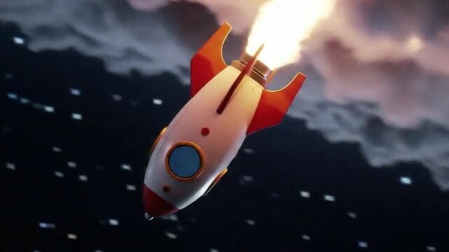 A retro-futuristic toy rocket ship blasting off into a starry night sky, with vibrant orange flames and smoke trailing behind it - retro-futuristic rocket ship blasting 