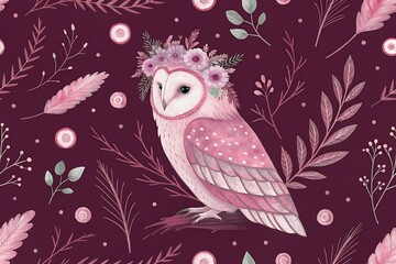 Obraz premium Charming watercolor illustration of a pink barn owl wearing a floral crown surrounded by delicate botanical elements on a deep plum background