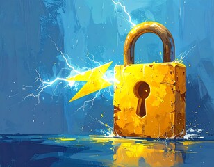 A gold padlock struck by lightning on a blue backdrop