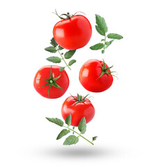 Fresh ripe tomatoes and green leaves falling against white background