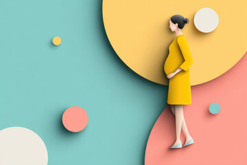 Pregnant woman minimal style flat illustration yellow dress abstract background colorful circles modern side view serene mood expecting mother