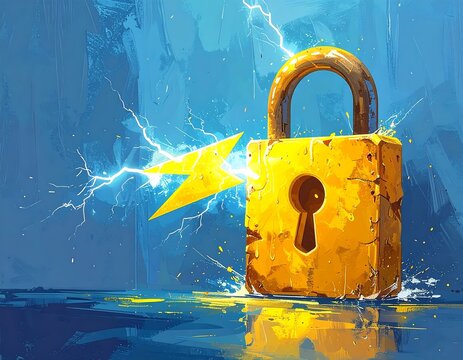 A gold padlock struck by lightning on a blue backdrop