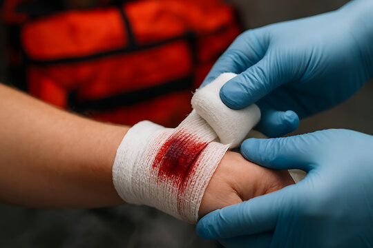 A close-up of medical care showing a gloved professional dressing a bleeding wound on a patient&rsquo;s hand, highlighting first aid and emergency response.