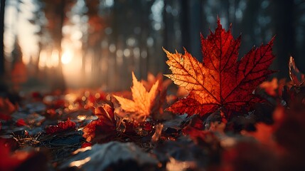 Breathtaking low-angle photograph of a sun-drenched autumn forest floor carpeted in vibrant maple leaves during a magical golden hour.