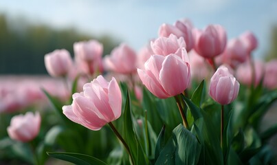 Fototapeta premium beautiful pink tulips in the field, close-up, blurred background, spring flowers
