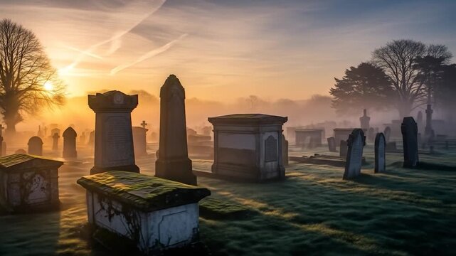 Cemetery gravestone landscape in morning light and fog