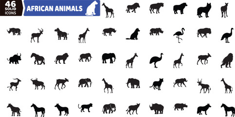 African Animals Icons Set - Safari Wildlife Silhouette Vector Collection © Rahib