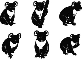 Koala vector illustration set, cute koala silhouettes, Australian animal design, black cartoon koala art, wildlife graphic collection for artwork