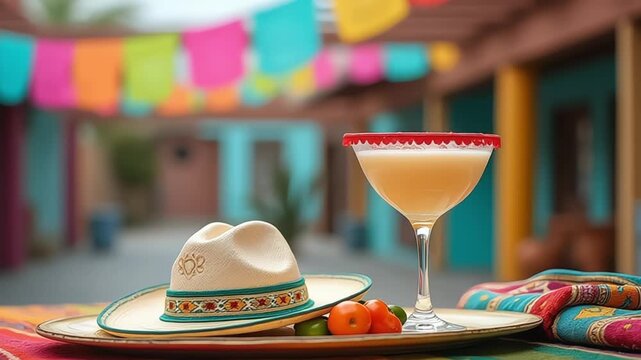 Festive Mexican theme with a margarita, sombrero, and vibrant sarape blanket