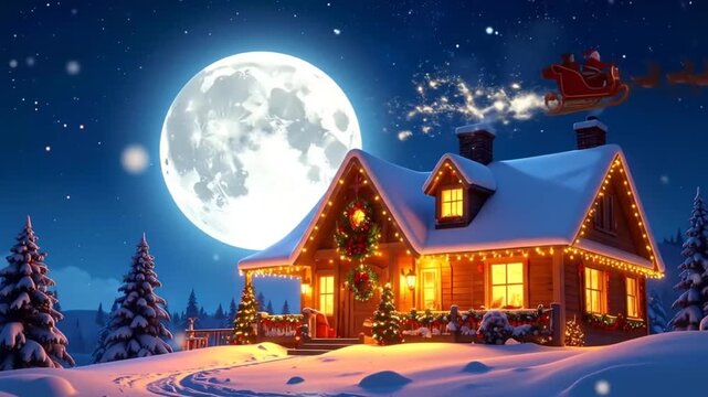 Santa's Sleigh Flying Over Snowy Christmas House at Night