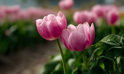 Fototapeta premium beautiful pink tulips in the field, close-up, blurred background, spring flowers