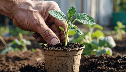 A hand planting a young seedling in a biodegradable pot