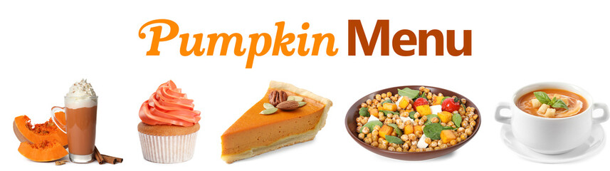 Pumpkin dishes, desserts and drink on white background, set. Seasonal menu