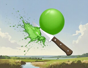 A knife pierces a green sphere, causing a vibrant splash