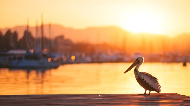 A pelican stands on a wooden dock at sunset with boats in the harbor - Powered by Adobe