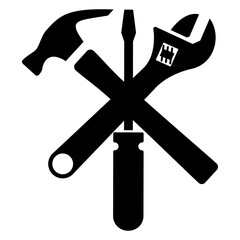 Logo men at work. Icono silueta de llave inglesa y martillo cruzados con destornillador 