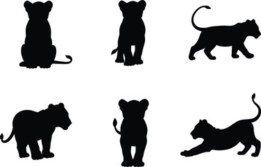 Lion cub silhouettes collection, wild animal poses, walking and sitting, jungle wildlife design, safari theme, big cat illustration, predator artwork