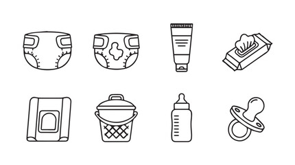 Collection of baby care essentials icons including diapers wipes cream bottle and pacifier for new parents vector