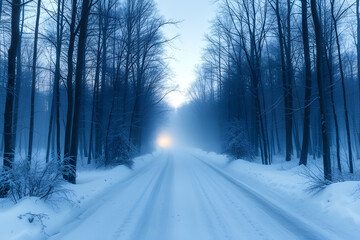Obraz premium Serene Winter Pathway: Sunlight Piercing Through Snowy Forest