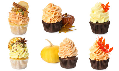 Yummy fall cupcakes isolated on white, set